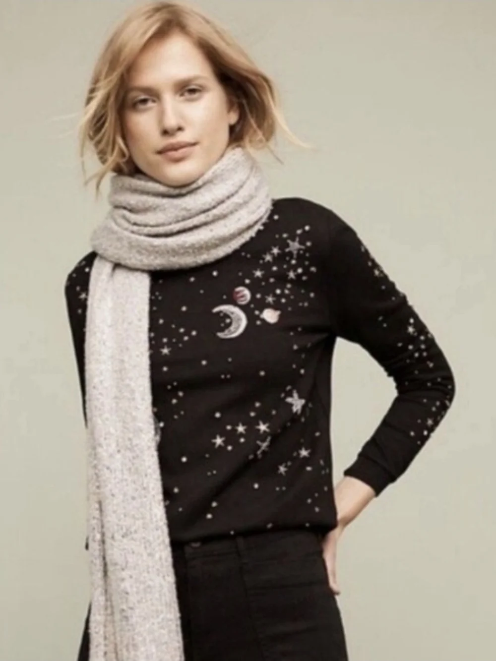 NEW Anthropologie Cosmic Galaxy Black Beaded Moon Space Star Sweatshirt Top - Picture 2 of 9